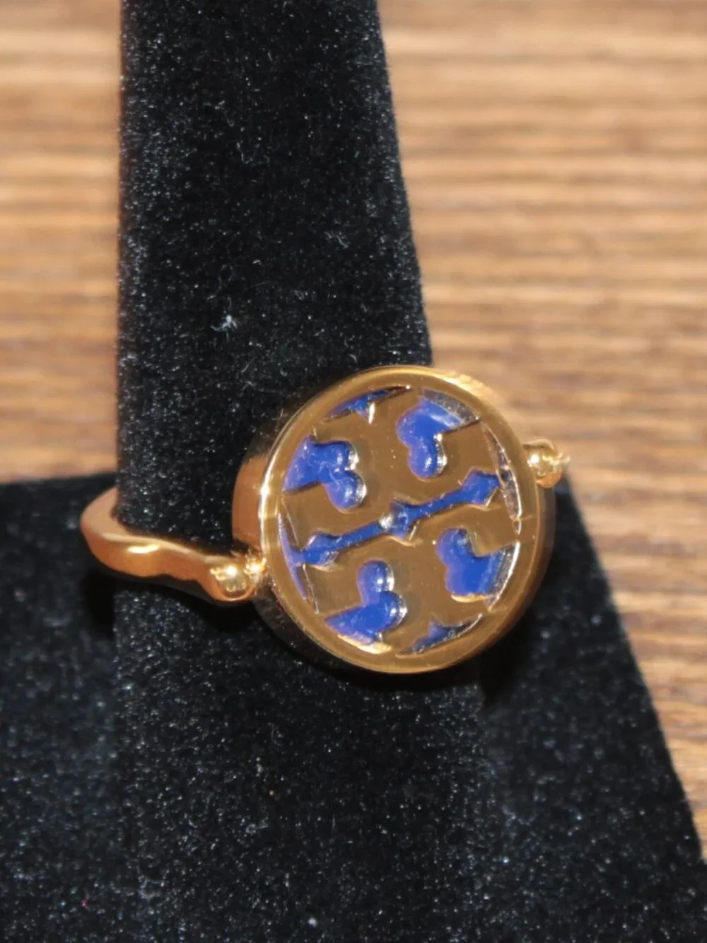 Tory Burch Reversible Blue Gold Logo Ring Size 6 NWT